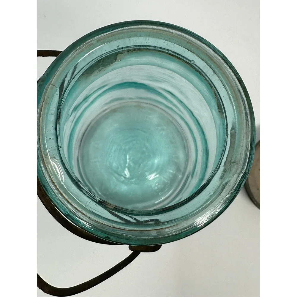 Vintage Atlas EZ Seal Aqua Blue Glass Mason Jar with Zinc Lid and Wire Bail A2